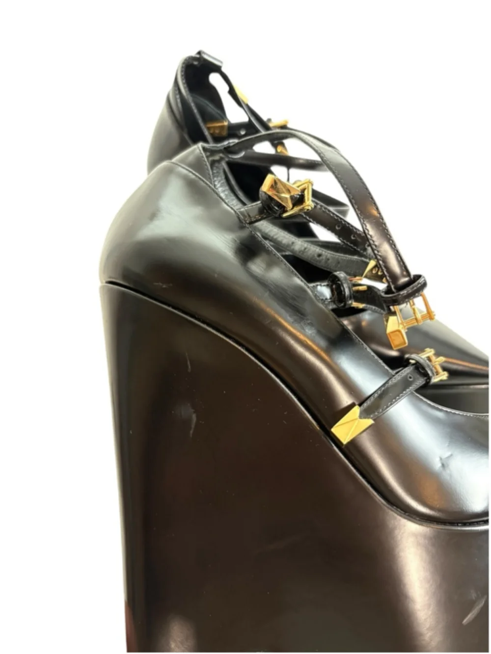 VERSACE Designer Heels Tempest Leather Platform Pumps Straps Black Size 37.5
